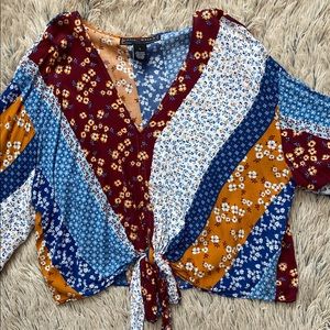 Floral tie bell sleeve shirt